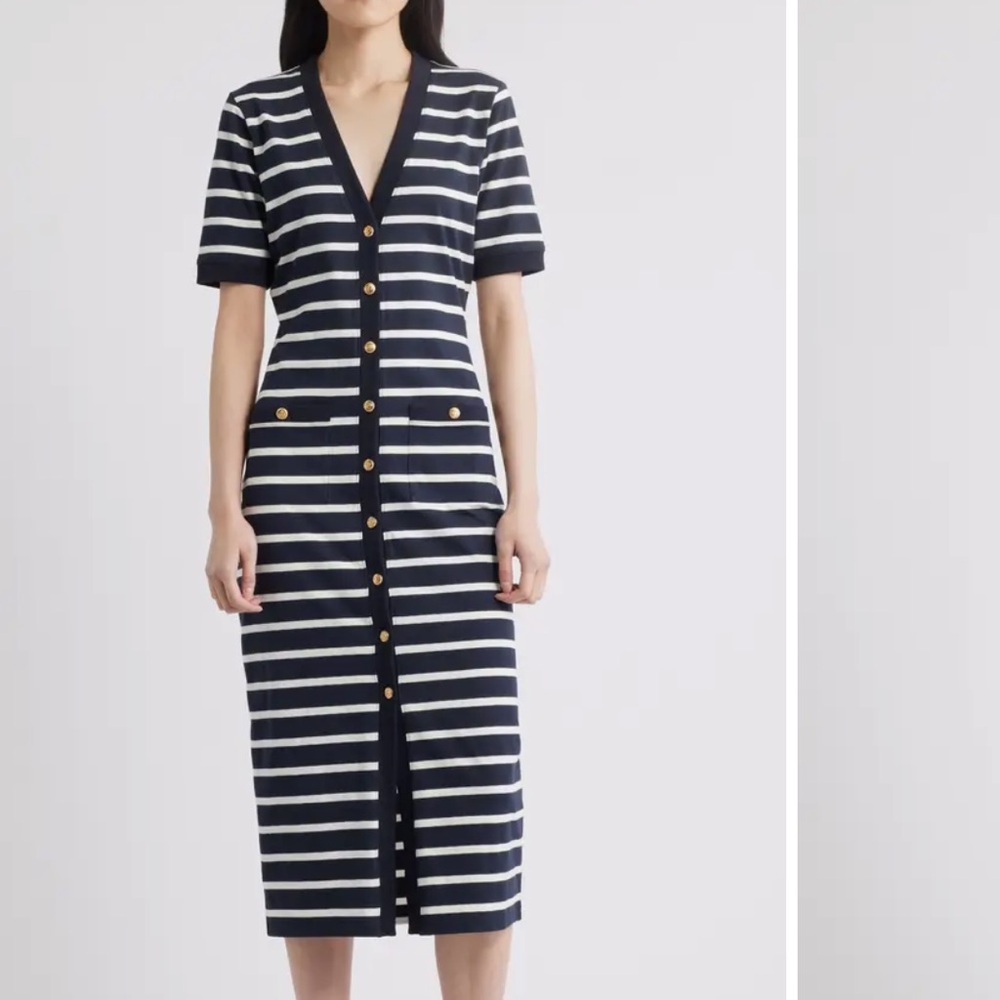 Frame The Striped Sailor Organic Cotton Midi Dress navy multi